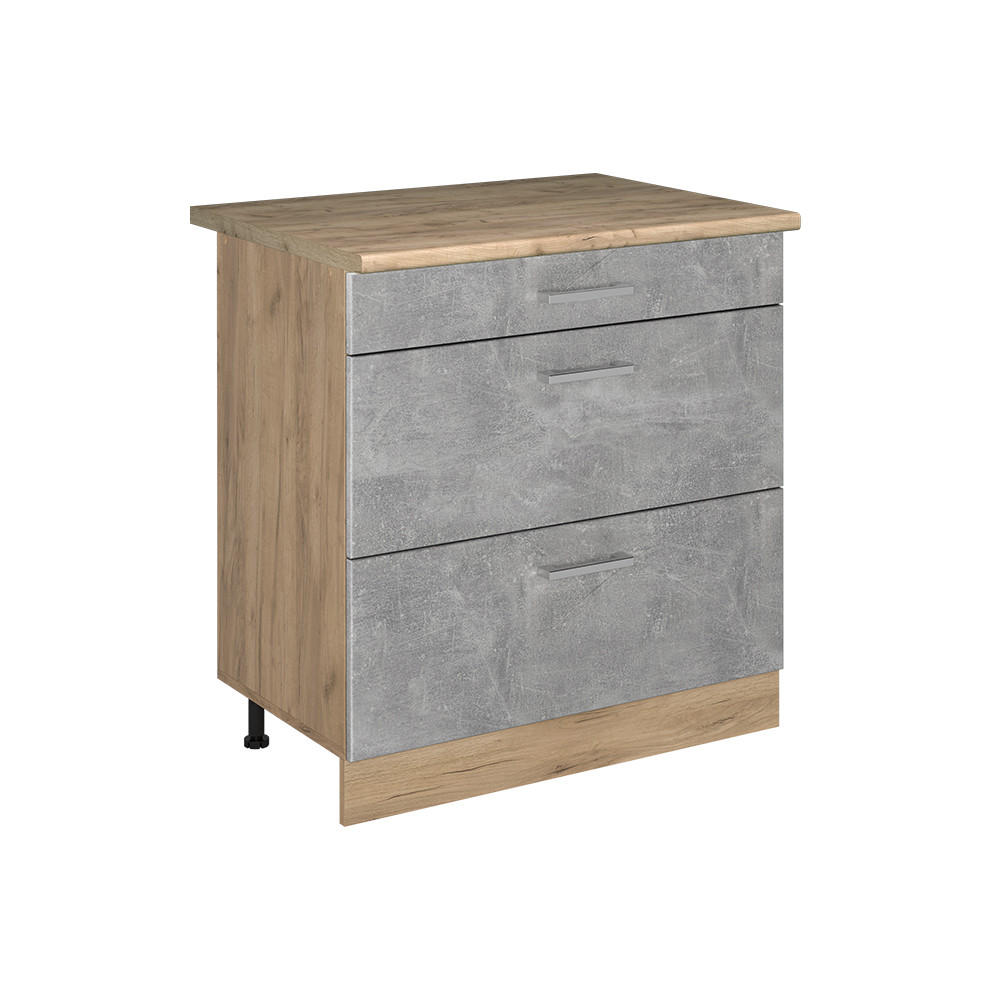 SPODNÍ SKŘÍŇKA KUCHYŇSKÉ LINKY R-Line, Beton/Zlatý mocný dub, 80 cm se 3 zásuvkami pracovná doska Dub Goldkraft - šedá/barva dubu, kompozitní dřevo (80/81.6/60cm) - Vicco