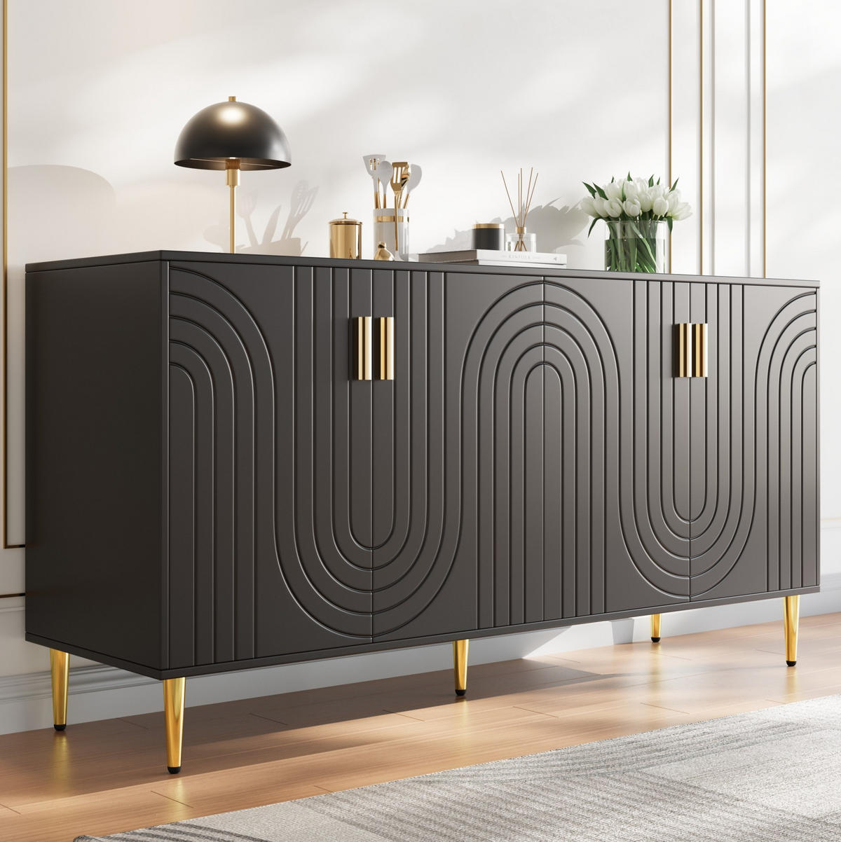 SIDEBOARD 152/40/75 cm in Schwarz mit 2 Türen & Wellendesign - Schwarz, Holzwerkstoff (152/75/40cm) - BEAOK