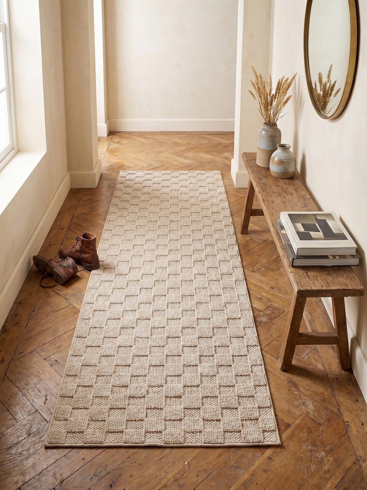 TEPPICH Flachgewebe LANGAU in Beige, mit Schachbrettmuster, 80 x 250 cm - Beige, Textil (80/250cm) - KADIMA DESIGN