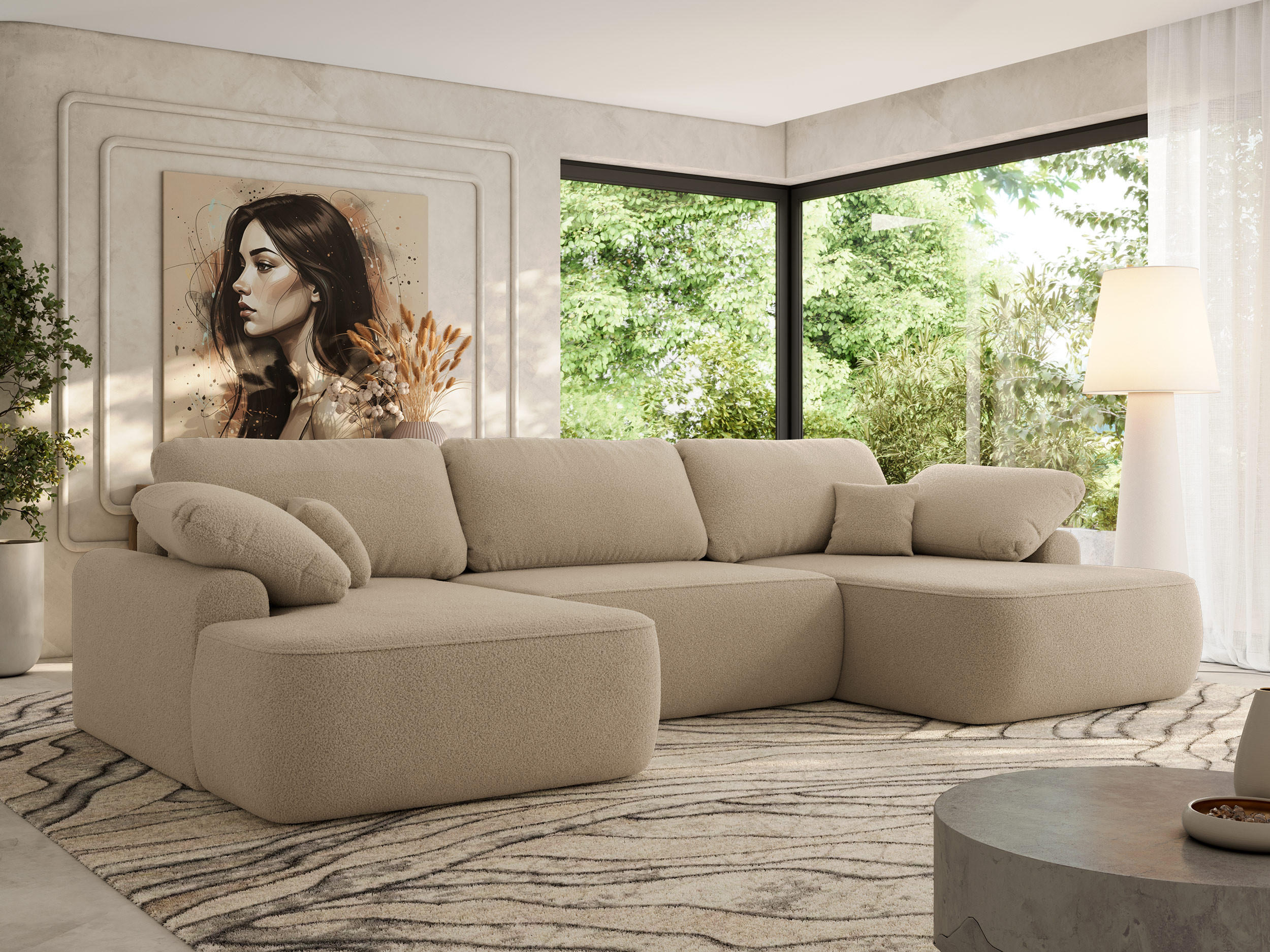 WOHNLANDSCHAFT CUBO U Hellbraun Boucle - Schwarz/Braun, Kunststoff/Textil (370/100/187cm) - MKS