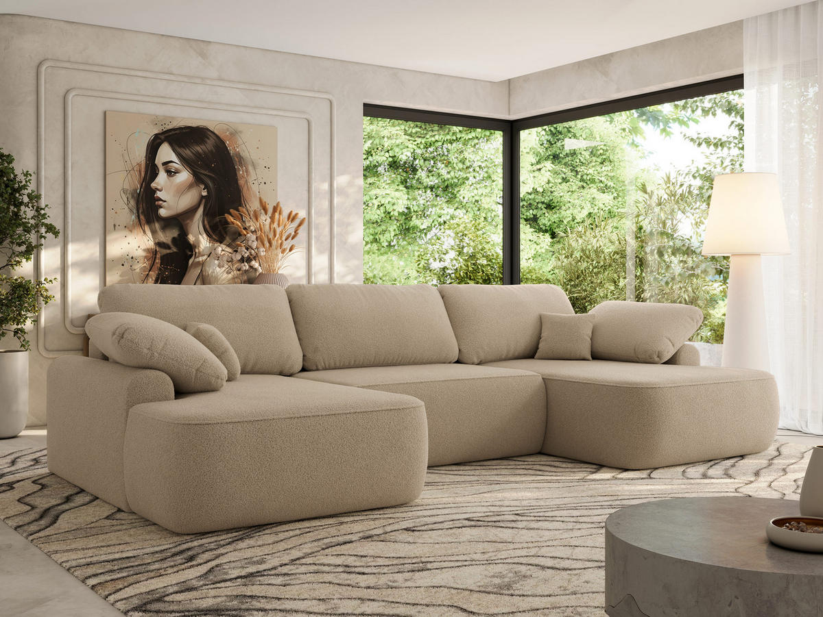 WOHNLANDSCHAFT CUBO U Hellbraun Boucle - Schwarz/Braun, Kunststoff/Textil (370/100/187cm) - MKS