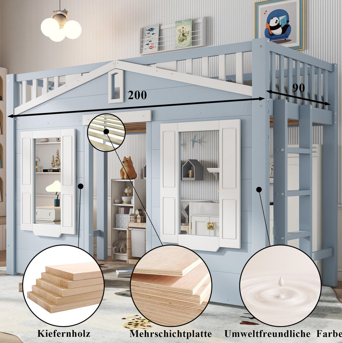HOCHBETT aus Kiefer und MDF 90x200 cm Weiß/Blau mit flexibel montierbarer Leiter und Fenstergestaltung - Blau, Holzwerkstoff (90/200cm) - Modfu