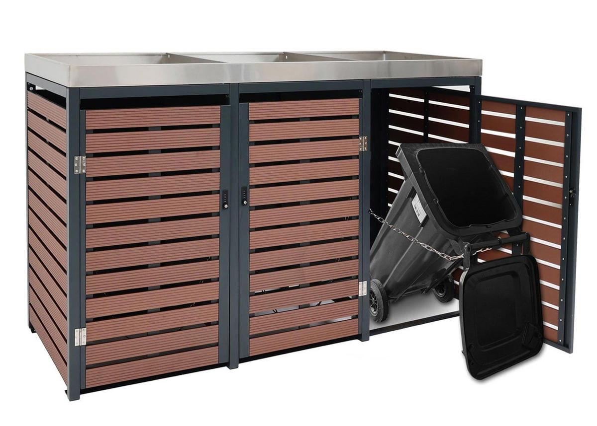 MÜLLTONNENBOX 3er mit Pflanzkasten HxBxT 124x200x84cm Walnuss-Holzoptik - Braun, Metall (200/124/84cm) - PROREGAL