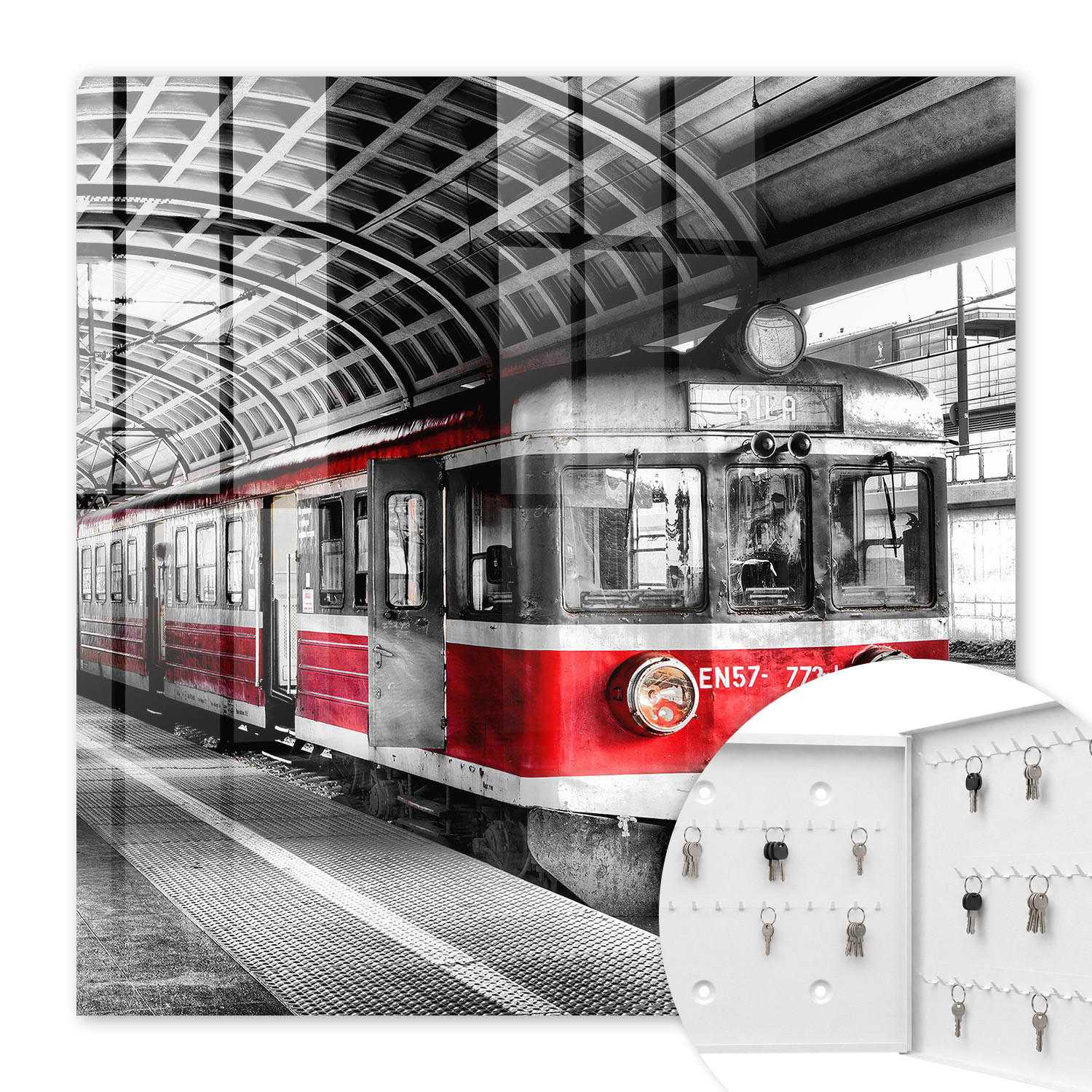 SCHLÜSSELBOX Weiß 30x30 cm – Türöffnung nach rechts - Eisenbahnsymmetrie - Schwarz, Metall (30/30/5cm) - TULUP