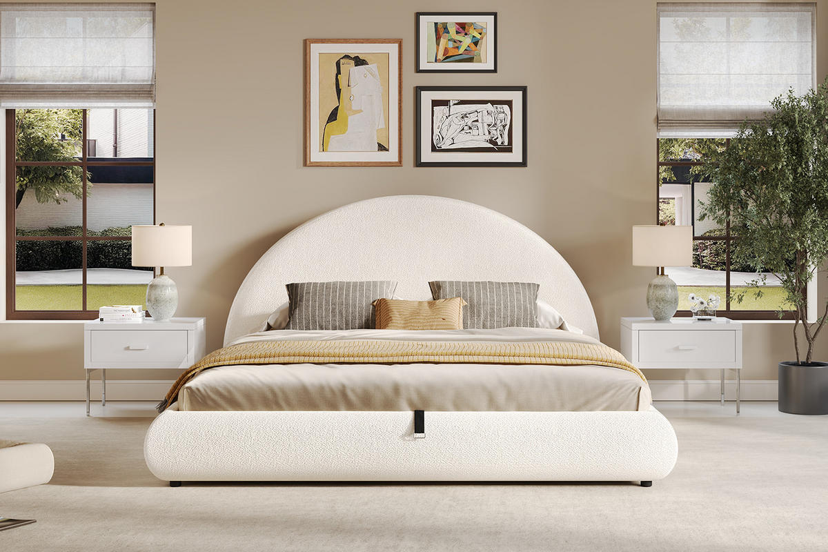 POLSTERBETT 180/200 cm in Weiß mit Bettkasten Bouclé Design - Beige, Holzwerkstoff/Textil (180/200cm) - STILVORA