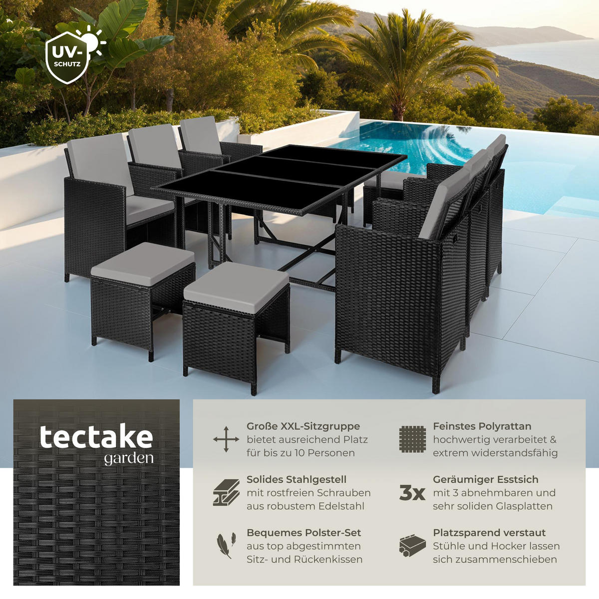 RATTAN SITZGRUPPE Malaga,zusammenschiebbar, inklusive Schutzhülle,schwarz/grau - Schwarz/Grau, Kunststoff - tectake