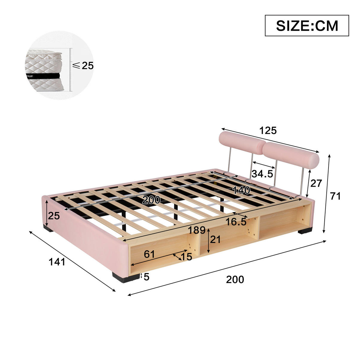POLSTERBETT Rosa 140/200 cm mit LED und Stauraumfächern ohne Matratze - Pink, Textil (140/200cm) - MIVRAY