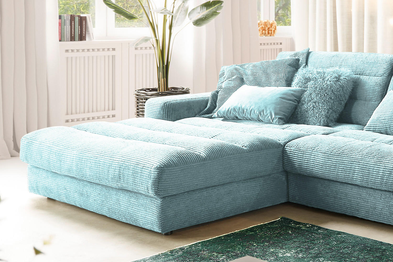 Thumbnail - Kawola Ecksofa, Hellblau, Textil, Echtholz, 4-Sitzer, Füllung: Kaltschaum, Ottomane links, L-Form, 416x205 cm, Wohnzimme...