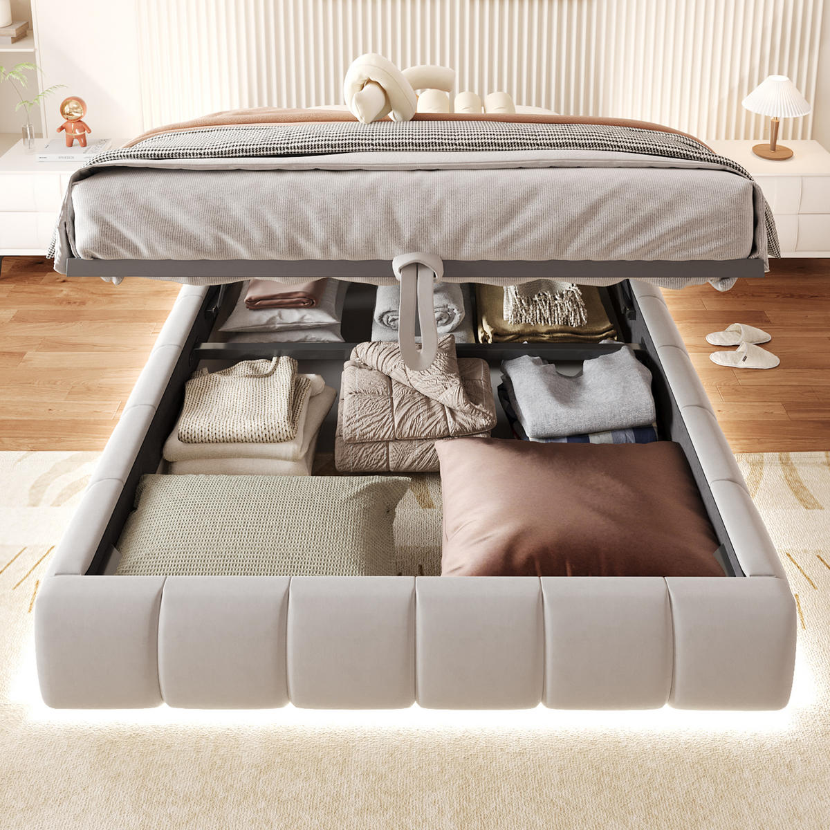 POLSTERBETT 140/200 cm in Beige Samt mit Bettkasten und LED - Beige, Holzwerkstoff/Textil (140/200cm) - WISHDOR