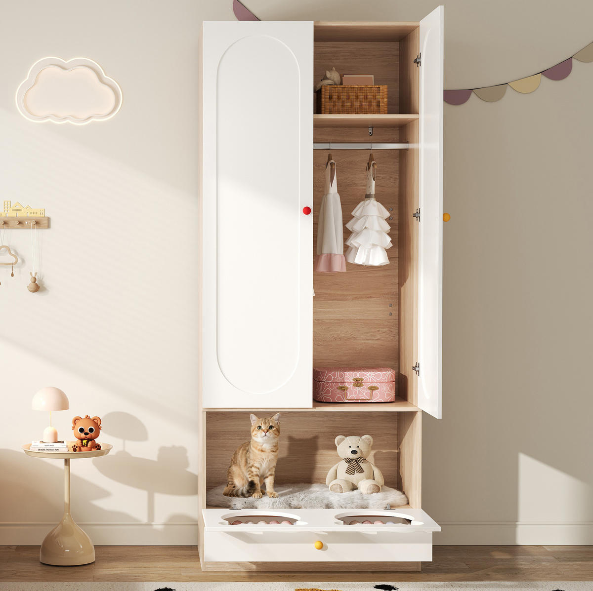 KINDERKLEIDERSCHRANK aus MDF 80x50x200 cm Natur/Weiß mit Kleiderstange, offenen Fächern und Haustierbereich - Naturfarben, Holzwerkstoff (80/200/50cm) - Modfu