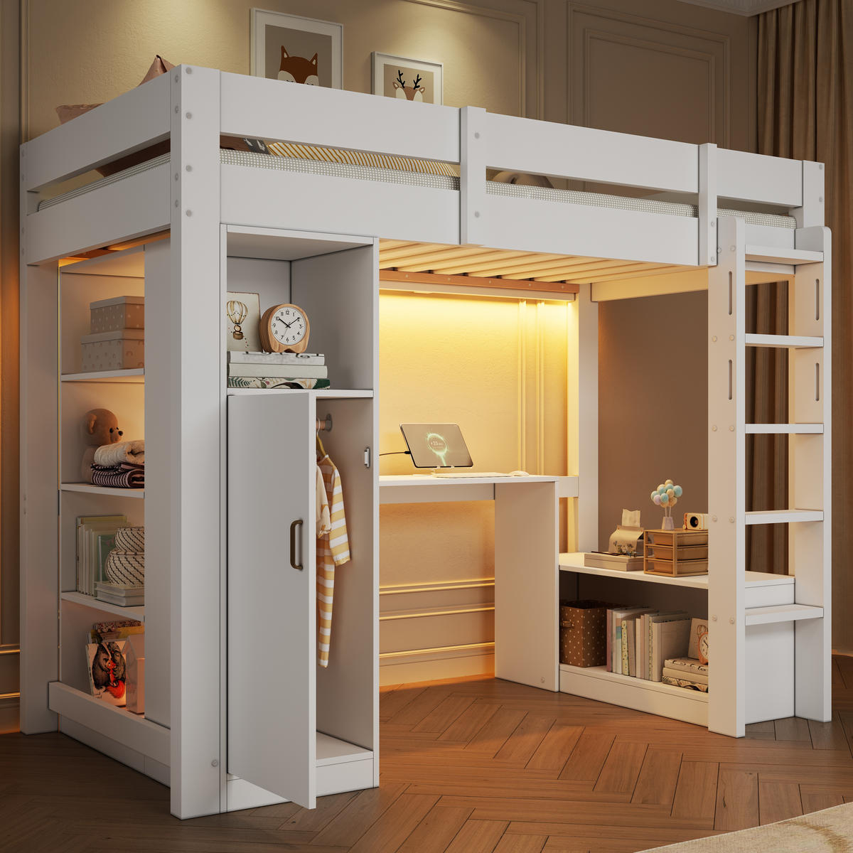 HOCHBETT weiß 90 × 200 cm aus Kiefernholz‑MDF mit Kleiderschrank, Regalen, Unterbettschreibtisch, LED‑Beleuchtung und USB‑Anschluss - Weiß, Holzwerkstoff (90/200cm) - Luhomfu