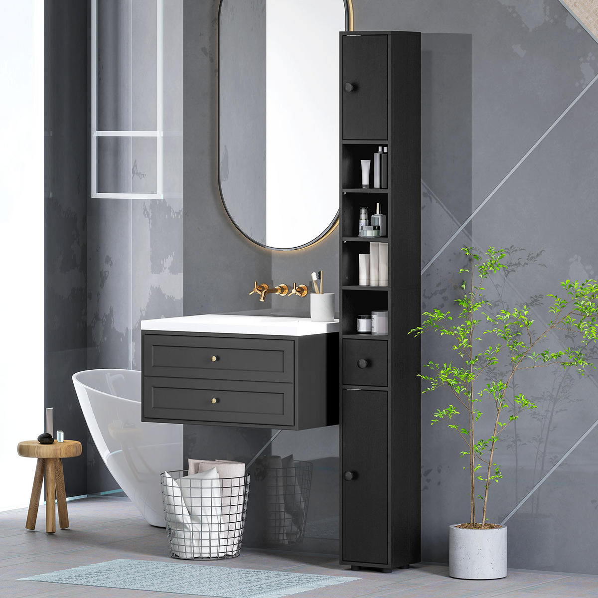 HOCHSCHRANK DE-12538 20/20/180 cm Schwarz - Schwarz, Holzwerkstoff (20/180/20cm) - ComfortXL
