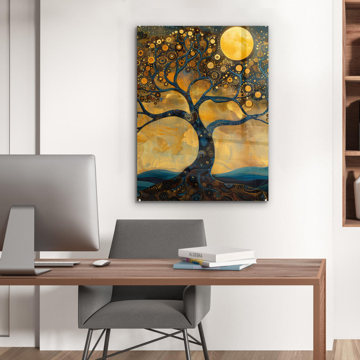 ACRYLGLASBILD Baum - Mond - Blumen - Gold - Kunst 60x80 cm - Orange, Glas (60/80cm) - MuchoWow