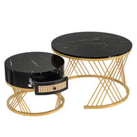 COUCHTISCH Rund 2er-Set Marmorplatte mit Rattan-Schubladen - Schwarz, Holzwerkstoff (70/70/45.5cm) - Korfee