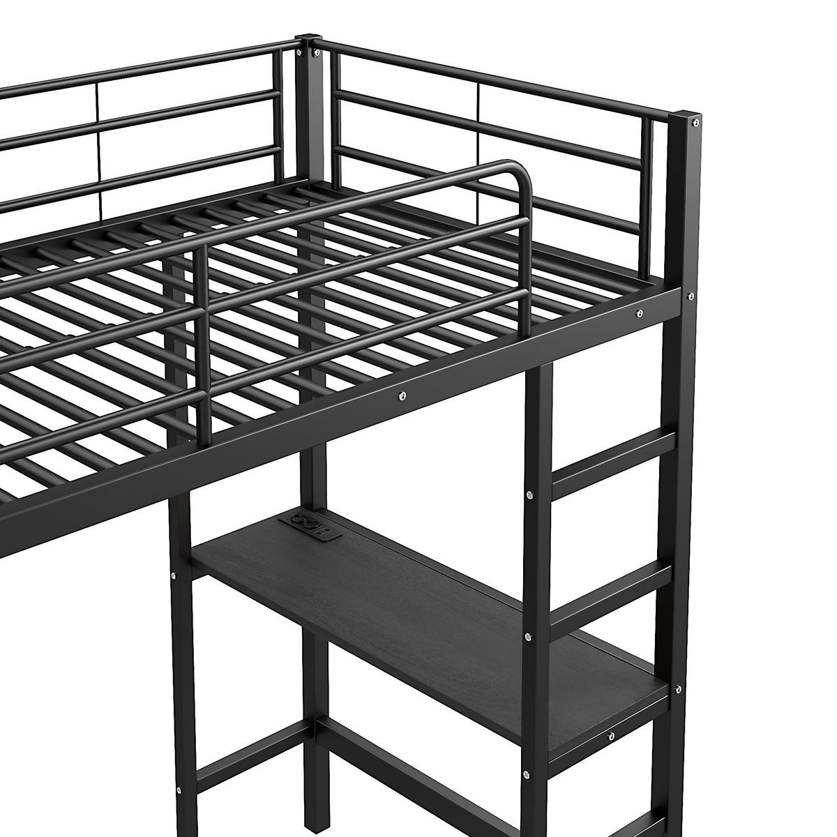 HOCHBETT aus Metall 90x200 cm in Schwarz mit Schreibtisch, USB & Steckdose - Schwarz, Metall (90/200cm) - Modfu