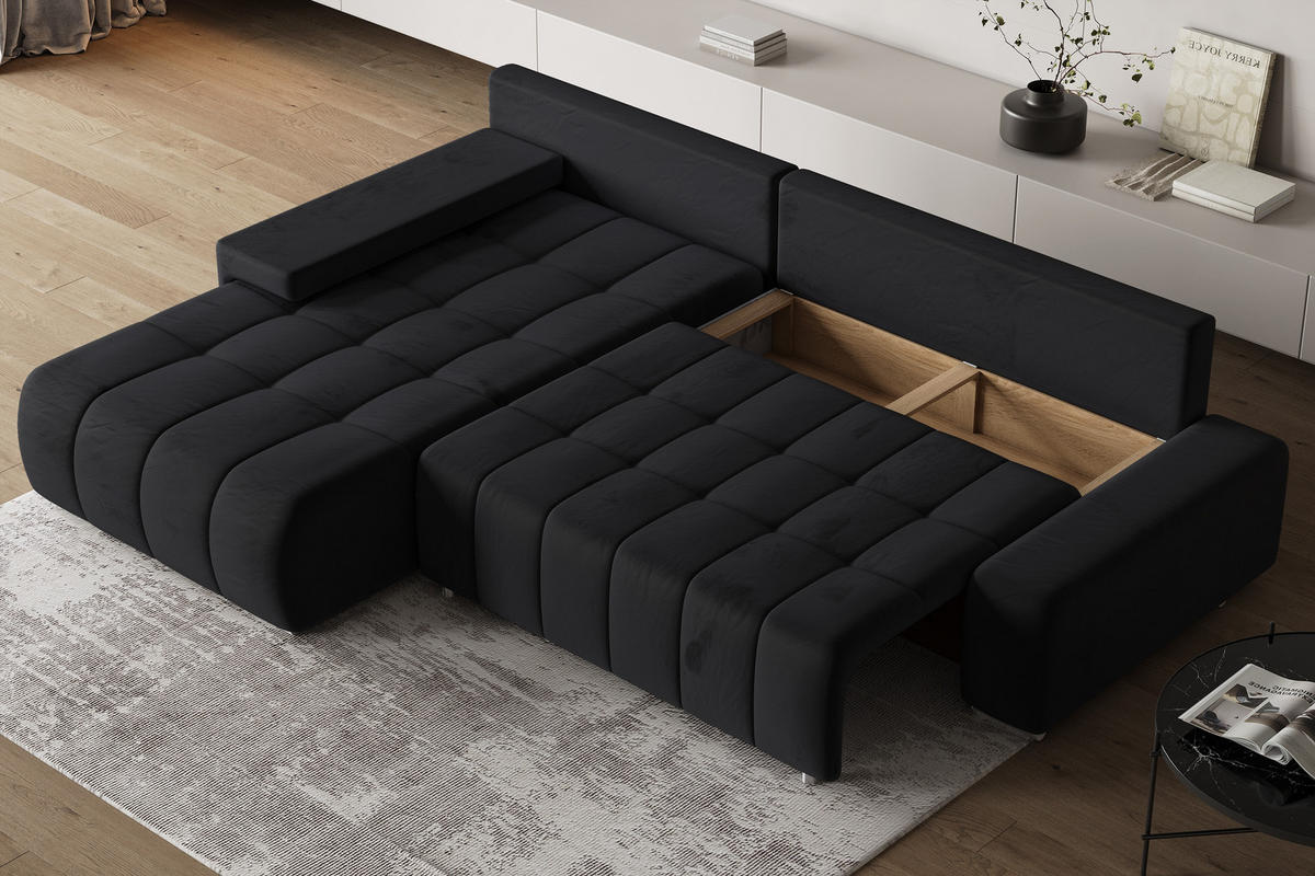 ECKSOFA ALESE L-S Schwarz Velours-Stoff mit Schlaffunktion - Schwarz, Holz (265/185cm) - MASSENO