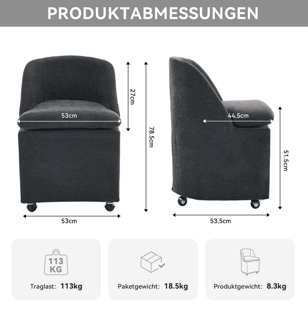 ESSZIMMERSTUHL 2er-Set drehbar 53 x 53,5 x 78,5 cm Grau - Grau, Metall (53/78.5/53.5cm) - Meubliv