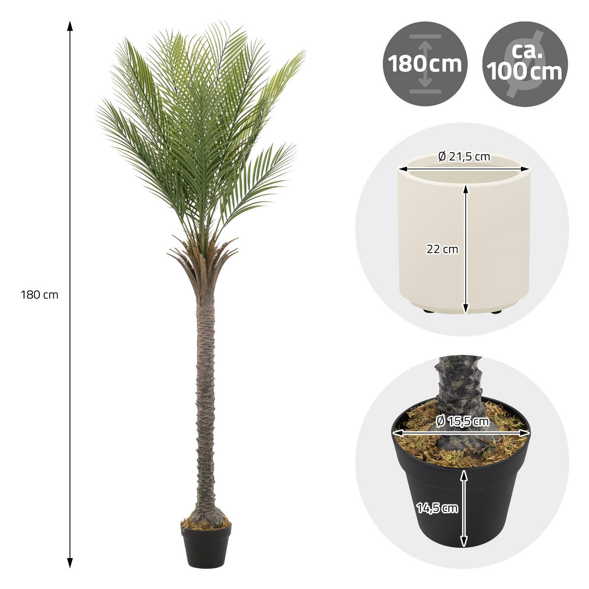 KUNSTPFLANZE Palme - Anthrazit/Grün, Holz/Kunststoff (180cm) - ML-DESIGN