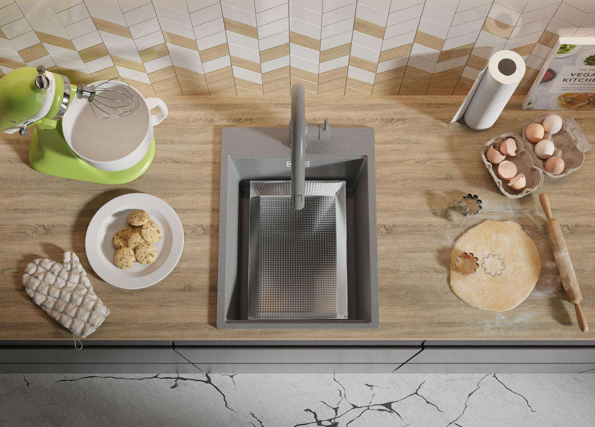 SPÜLBECKEN Oslo, 2-er set Grau 38/50 cm 1 Becken + Ablauf-Set + Schneidebrett ab 40er Unterschrank - Beige/Grau, Kunststoff (38/20/50cm) - Primagran