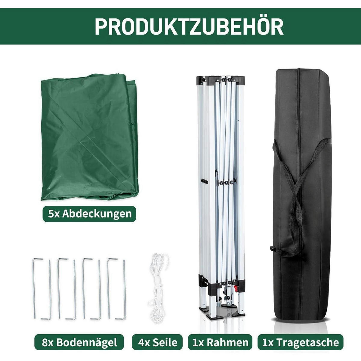 FALTPAVILLON 2 x 2 m Grün UV-Schutz 50+ Wasserdicht Höhenverstellbar mit 4 Seitenteilen - Grün, Textil (200/255/200cm)