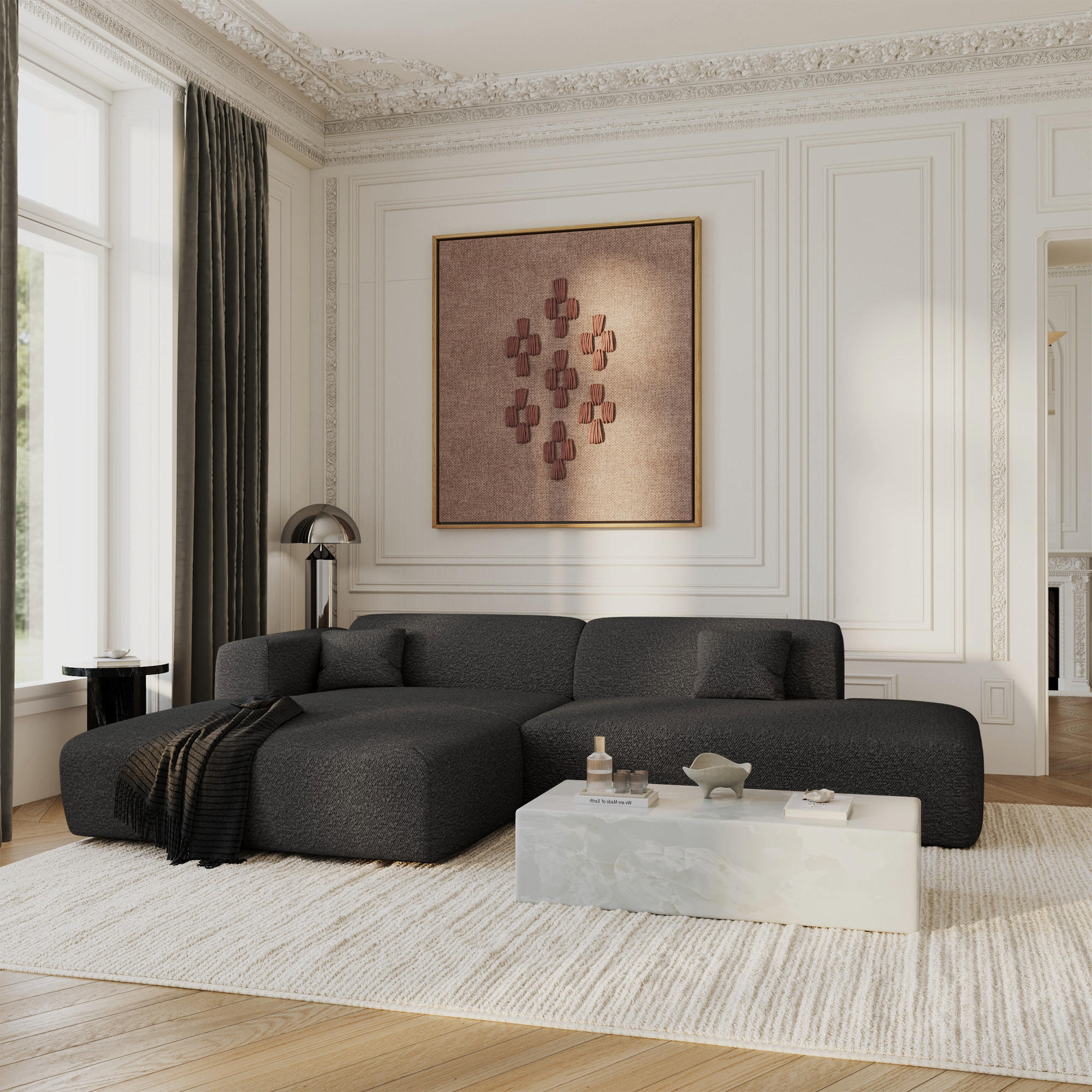 ECKSOFA LINKS Bouclé-Stoff Dunkles Anthrazit 310cm - Anthrazit, Textil (310/96cm) - Sia Home