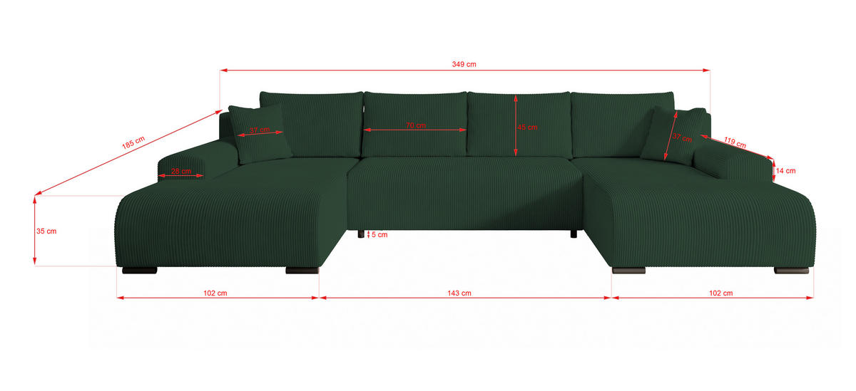 WOHNLANDSCHAFT Nelly U mit Bettkasten und Schlaffunktion, Cordstoff in U-Form - Grün, Textil (349/80/185cm)
