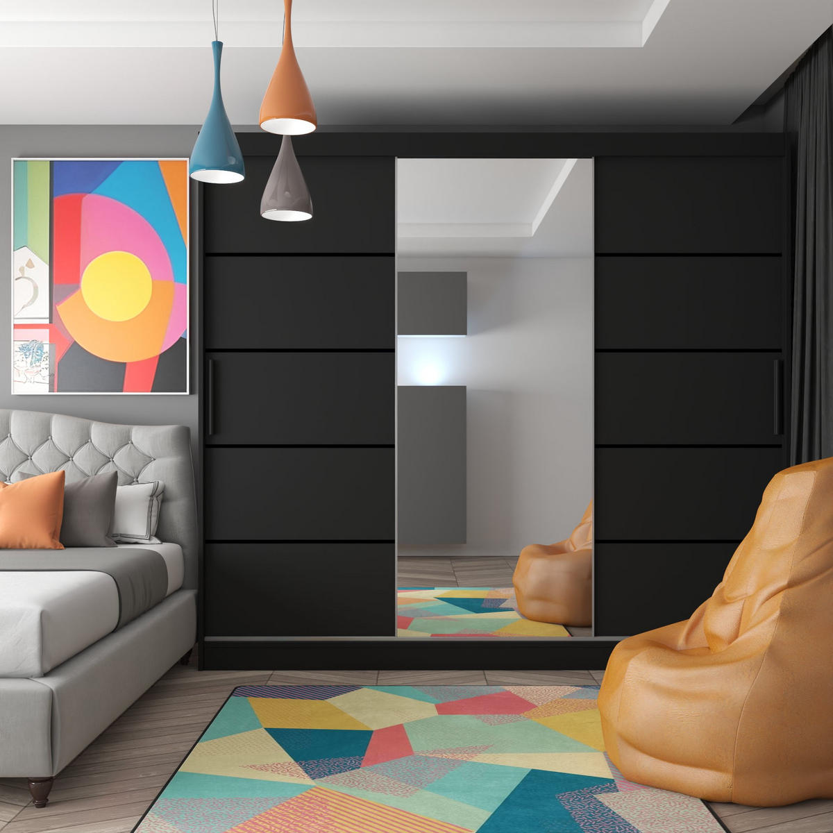 SCHWEBETÜRENSCHRANK Verona MBP, Schwarz Matt, 232 cm, mit Spiegel - Schwarz, Holz (232/216/60cm) - B BELINI GROUP