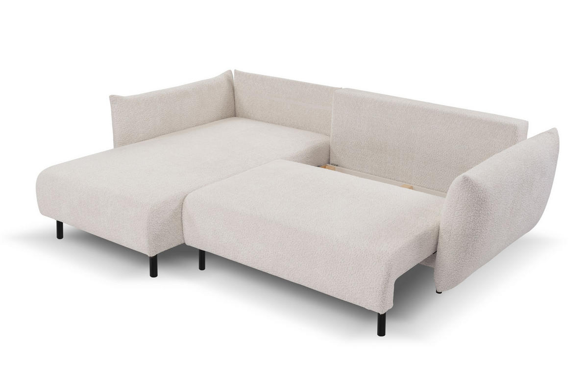 ECKSOFA UNO Beige Plüsch-Stoff mit Schlaffunktion - Creme, Holz (257/171cm) - MASSENO