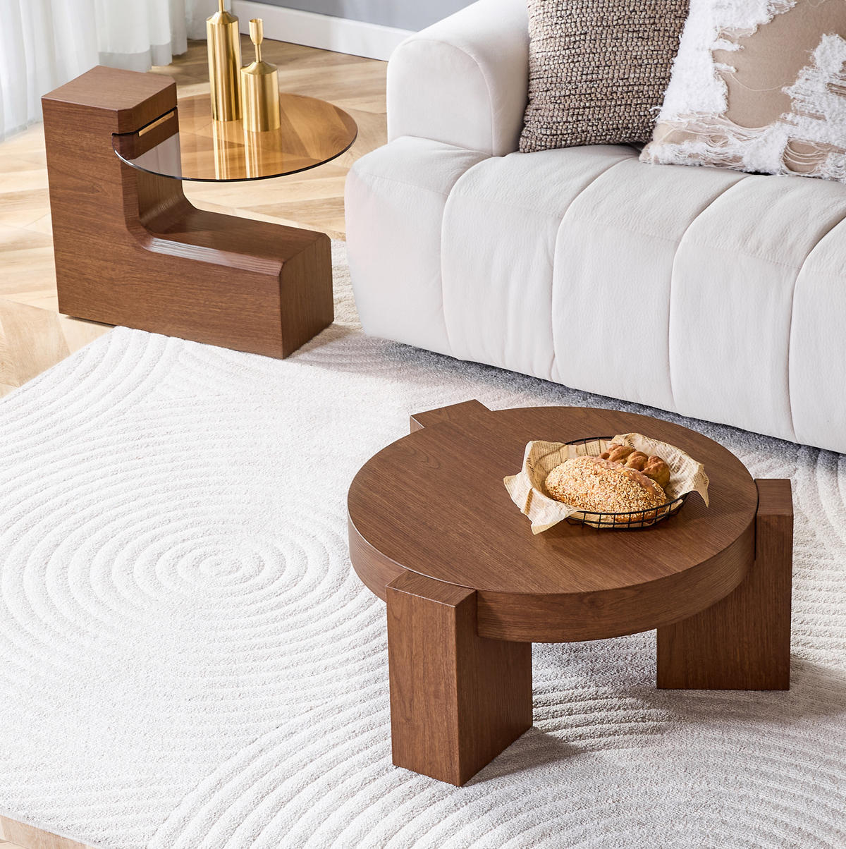 COUCHTISCH-SET 61/61/30 cm walnussfarben aus Holzwerkstoff und Glas mit trennbarem 2-in-1 Design - Walnussfarben, Holzwerkstoff (61/61/30cm) - OKWISH