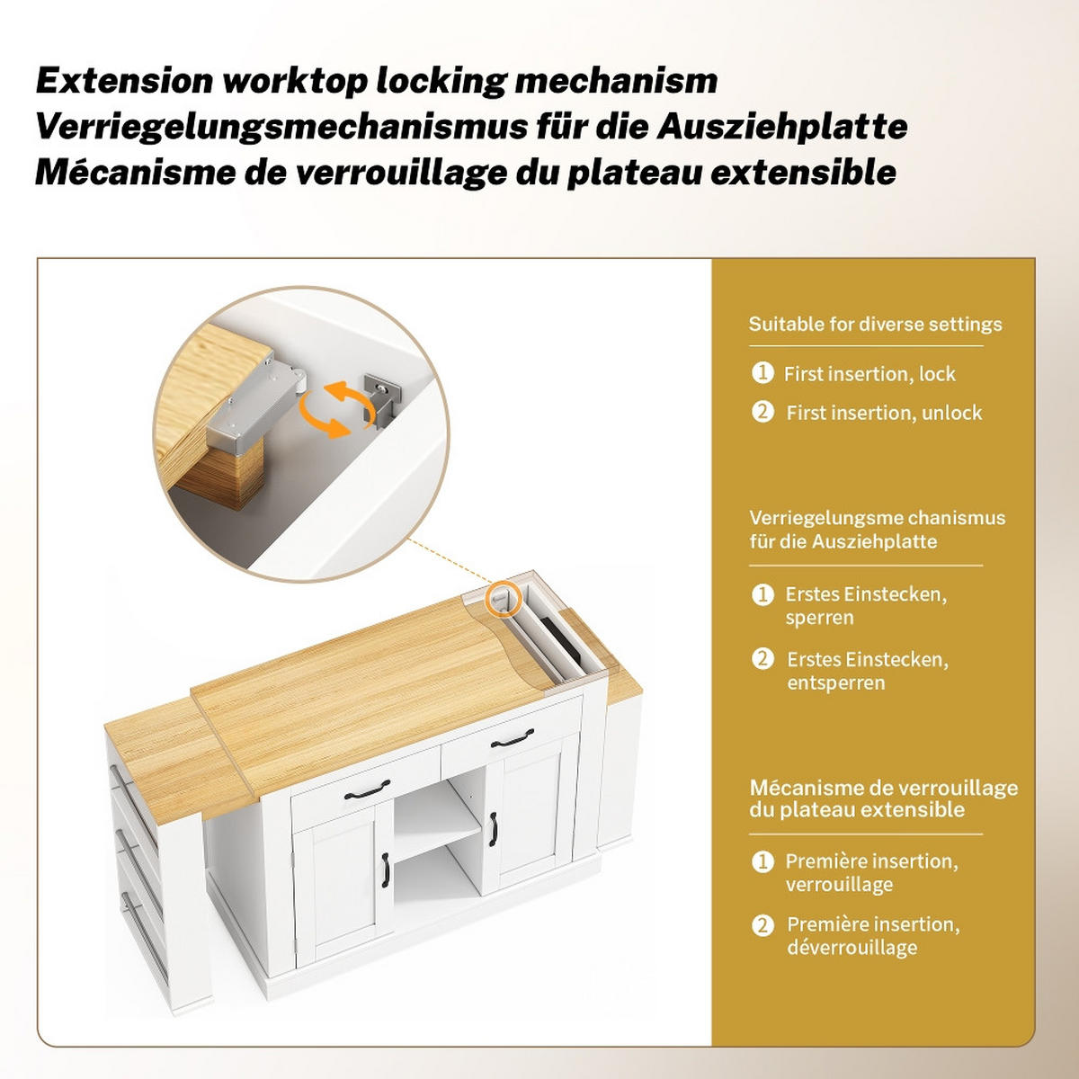 KÜCHENINSEL, Ausziehbare Arbeitsfläche, Steckdosen, USB, Holzimitat, 142-340/55/93 cm - Weiß, Kunststoff (55/93/142cm) - Rolipo