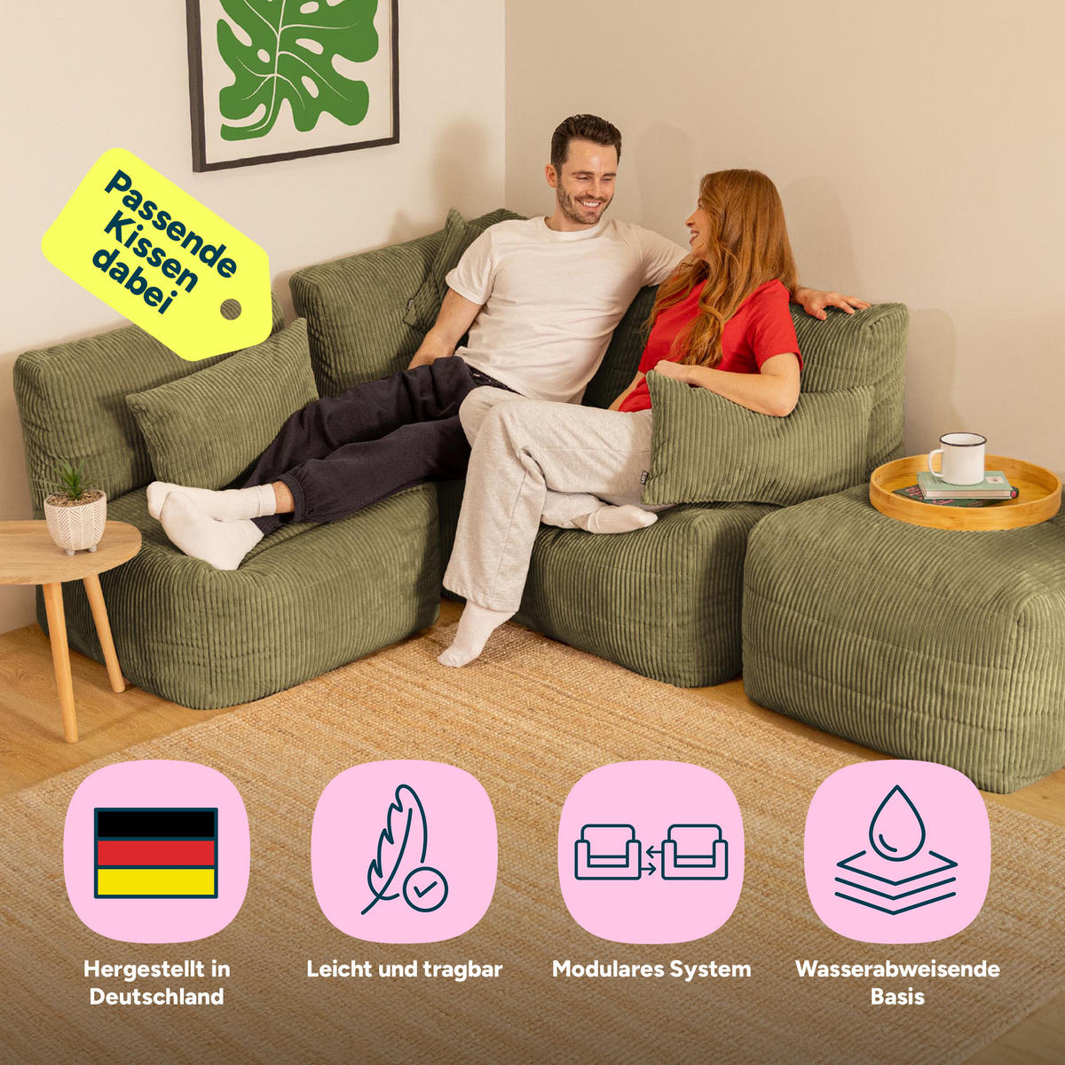 SITZSACK-SOFA 4-tlg. modular cord Noa - Salbeigrün, Textil (303/70/78cm) - icon