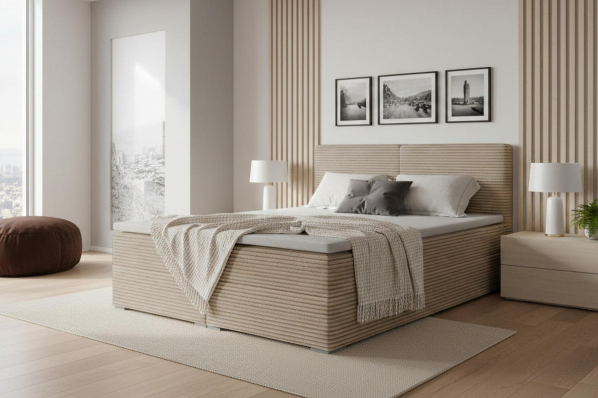 BOXBETT LON III 180/200 in Cord Beige H4 - Beige, Holz/Holzwerkstoff (180/200cm) - Deine Möbel 24