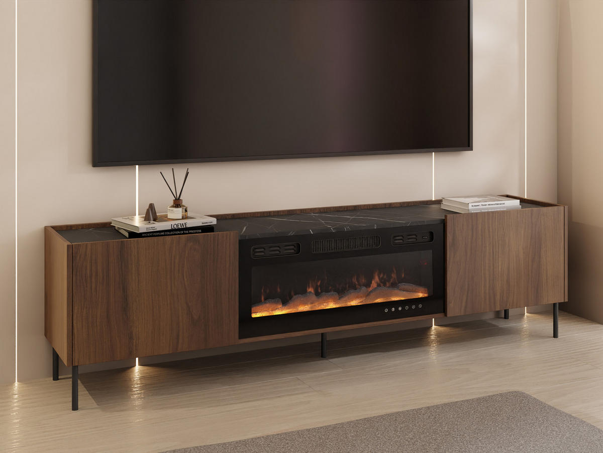 TV-LOWBOARD Tewos 200 K mit Kamin - Nussbaumfarben/Schwarz, Holzwerkstoff/Metall (200/55/37cm) - MIRJAN24