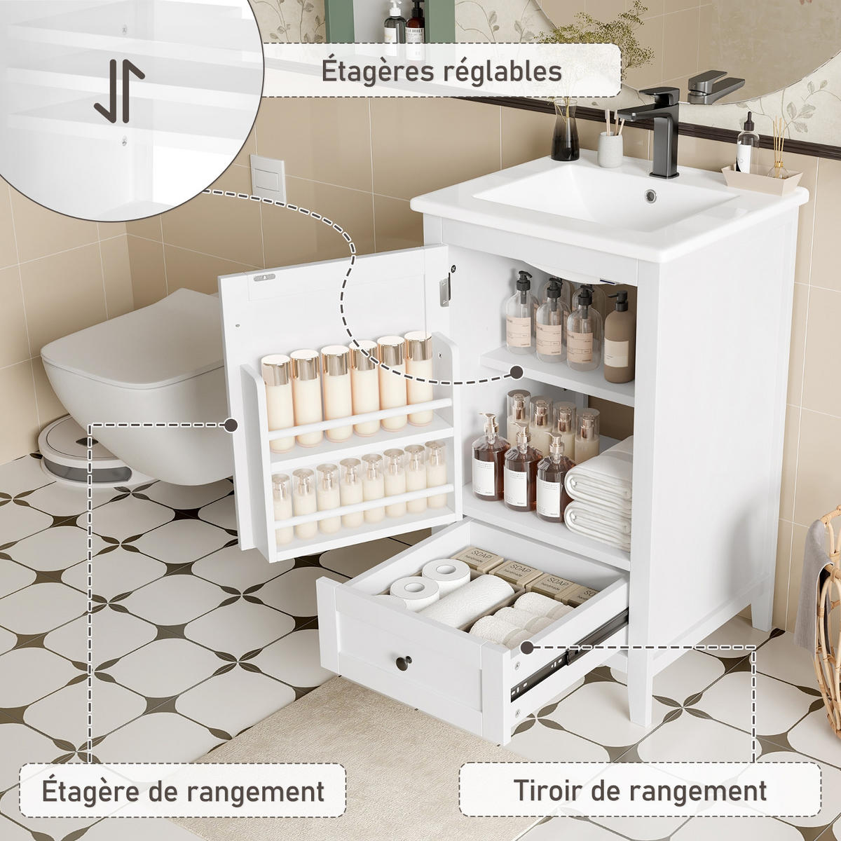 KÜCHENSCHRANK Waschtisch mit Waschbecken, 51/85/46 cm, MDF und Keramik, Weiß, GERÄUSCHLOSE SCHUBLADE, für das Badezimmer - Weiß, Holzwerkstoff (46/85/51cm) - Rolipo