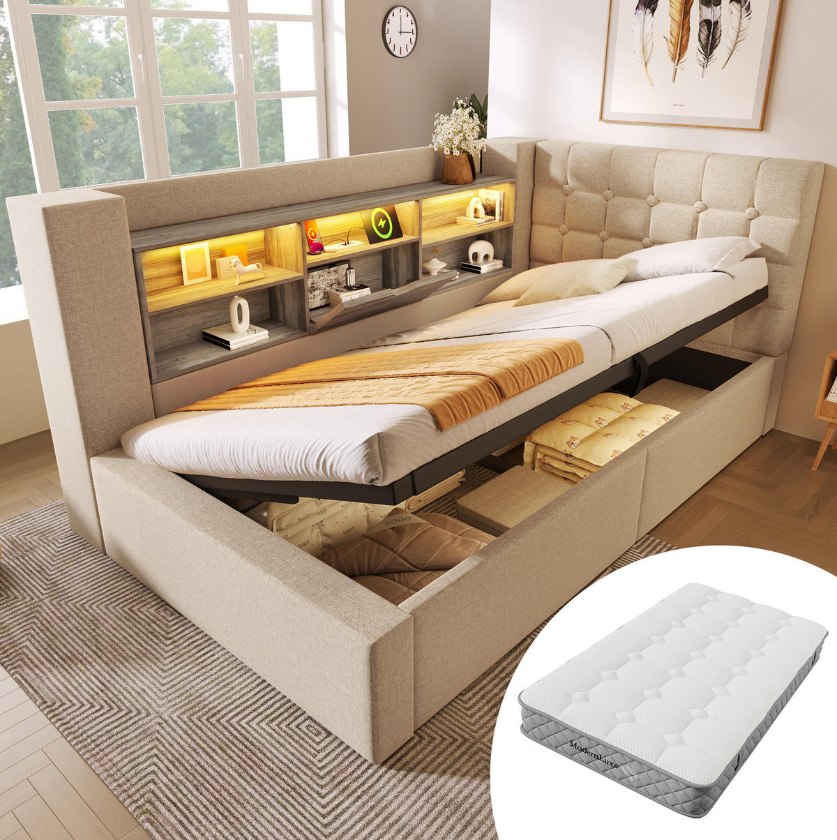 POLSTERBETT 90/200 cm mit LED-Beleuchtung, USB-Anschlüssen, hydraulischem Stauraum und L-Kopfteil, Beige - Beige, Textil (90/200cm) - Redom