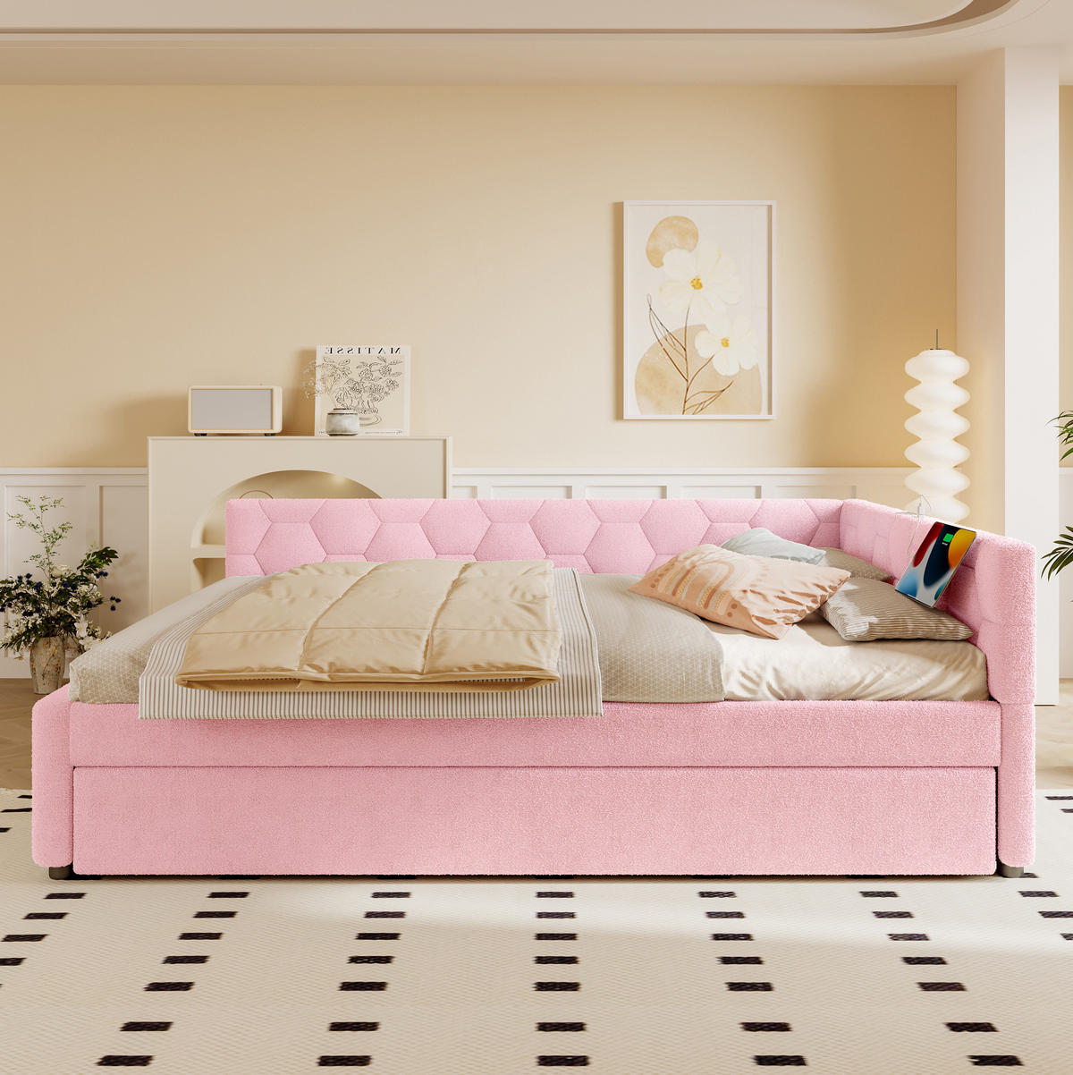 TAGESBETT 140/200 cm mit Ausziehbett, USB- und Typ-C-Anschluss, Nachttischlampe und Vliesimitat-Bezug, Rosa/Weiß - Rosa, Textil (140/200cm) - Redom