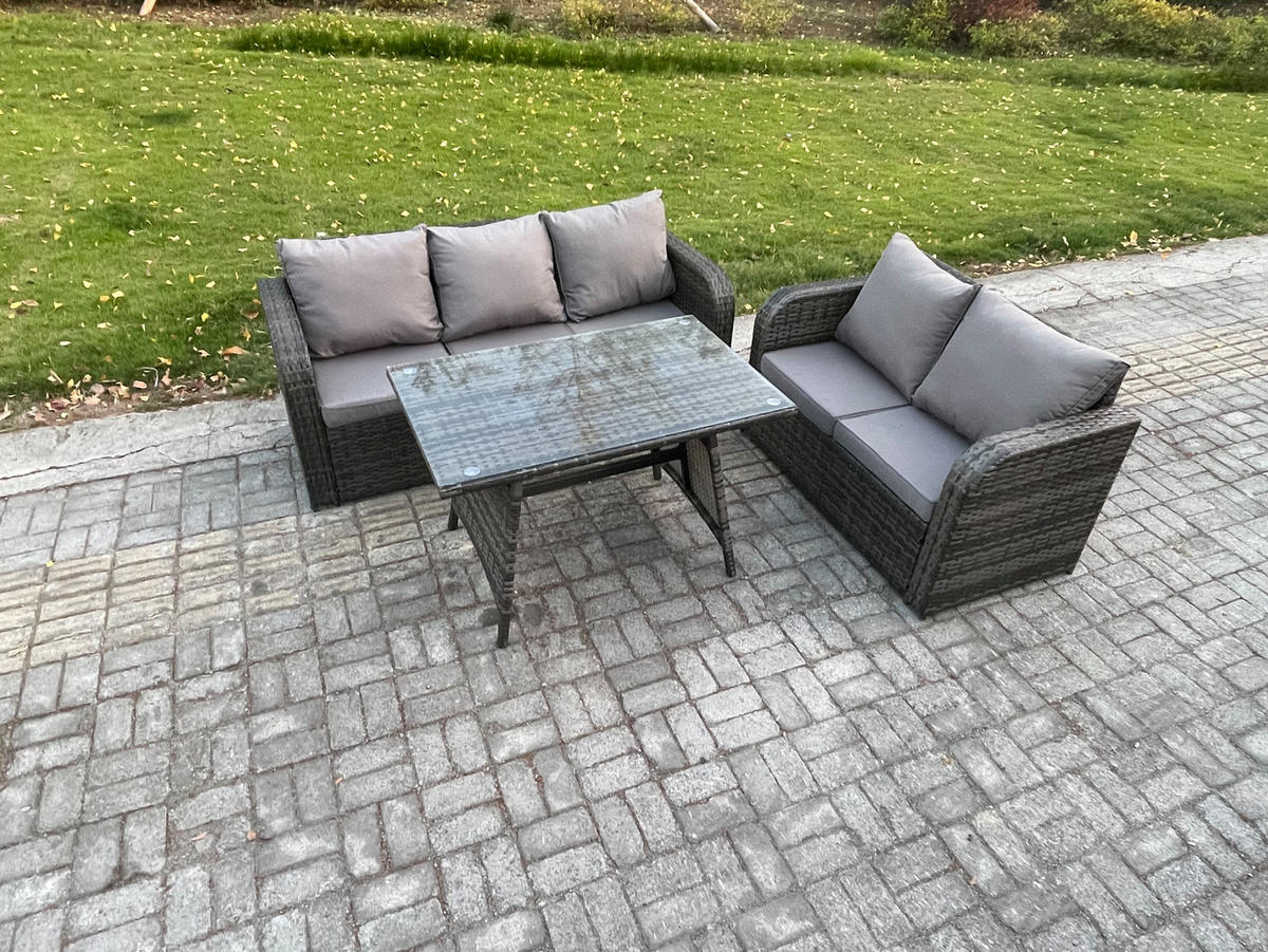 GARTENMÖBEL SET Polyrattan Dunkelgrau 5-Sitzer - Dunkelgrau/Grau, Glas/Kunststoff - Fimous