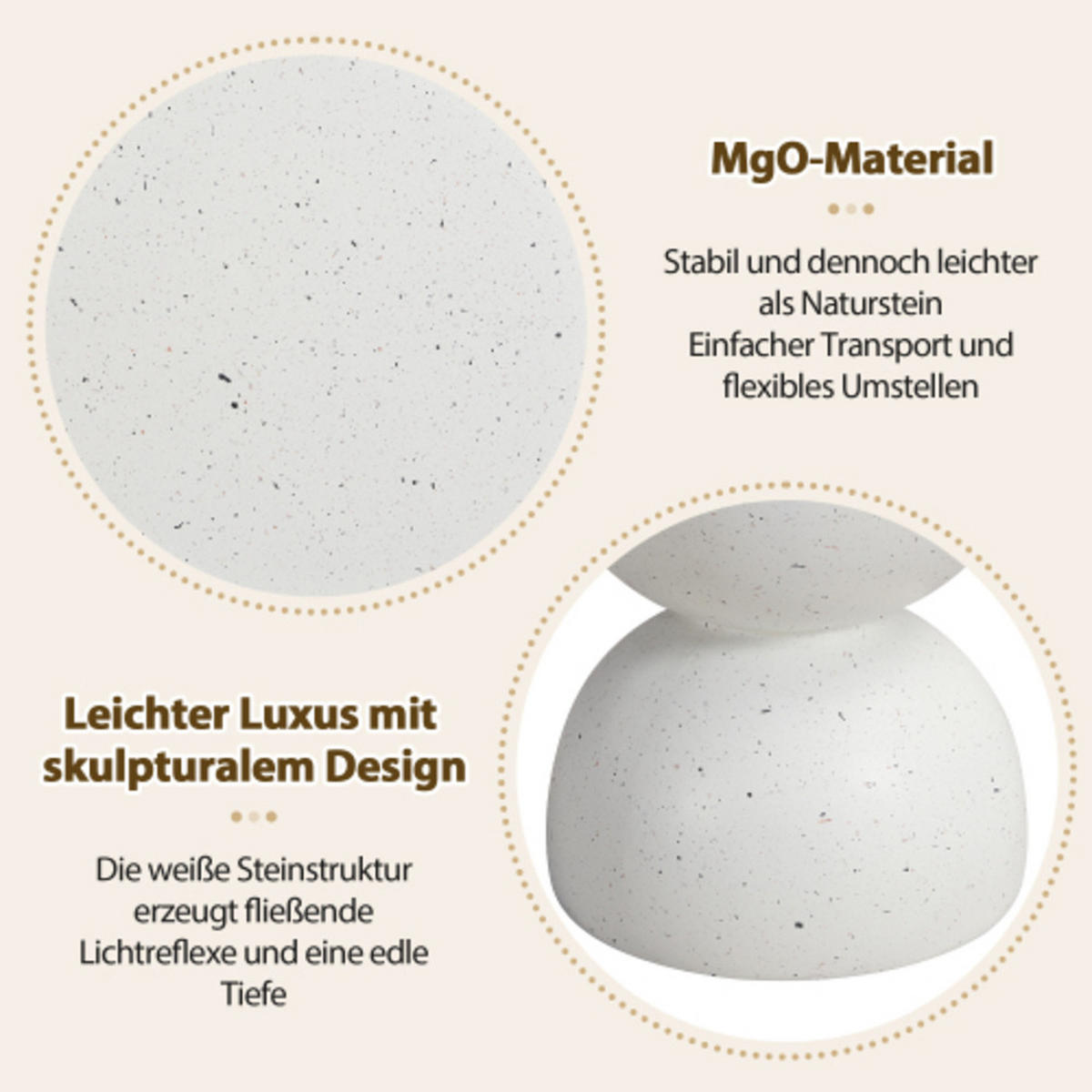 BEISTELLTISCH 39.5×39.5×45.5 cm aus MgO Steinoptik, weiß - Weiß, Stein (39.5/39.5/45.5cm) - Luhomfu