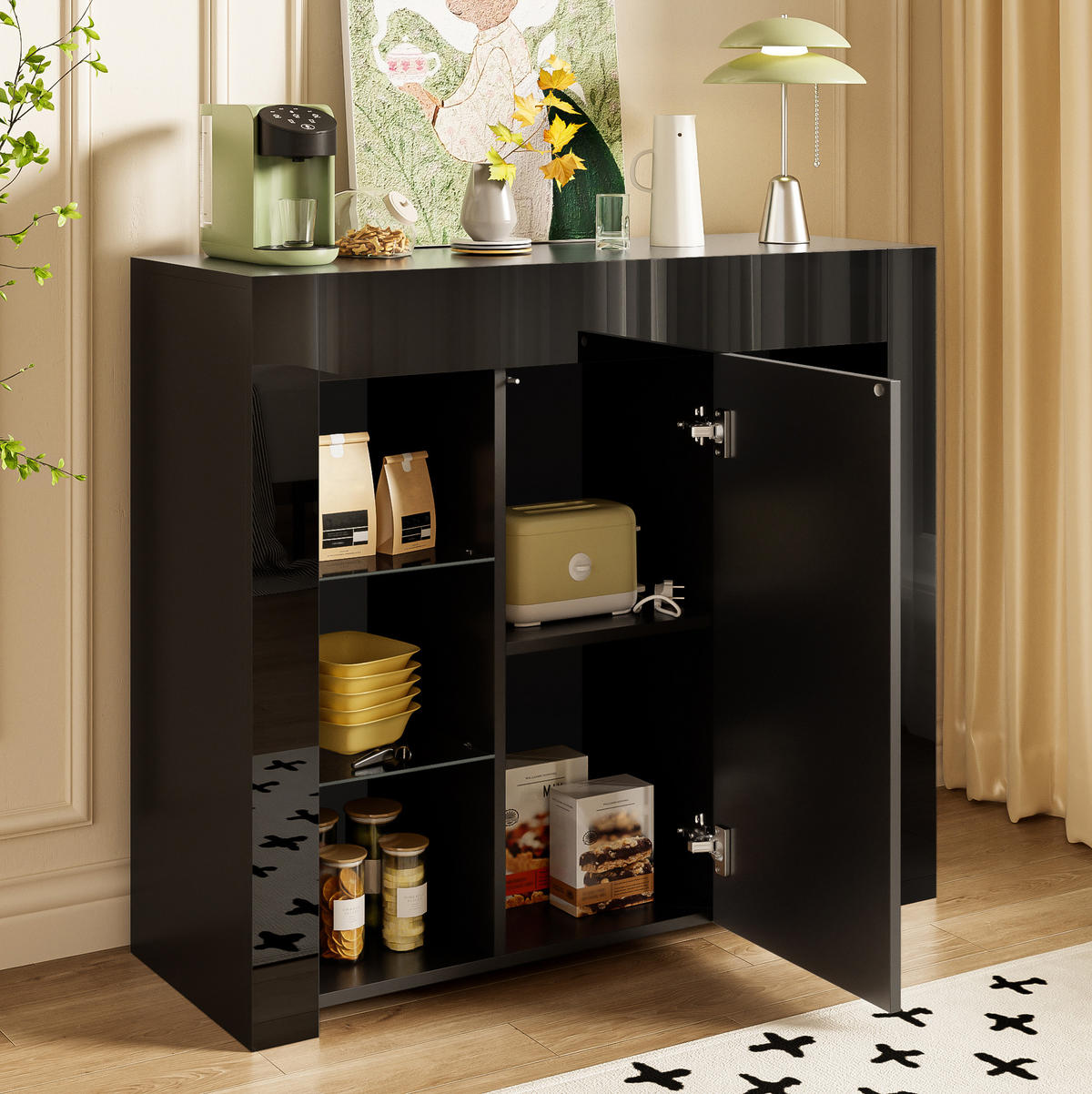 SIDEBOARD 95/35/83 cm aus Spanplatte mit Hochglanz-Front und Glasregalen Schwarz - Schwarz, Holzwerkstoff (95/83/35cm) - Modenvie
