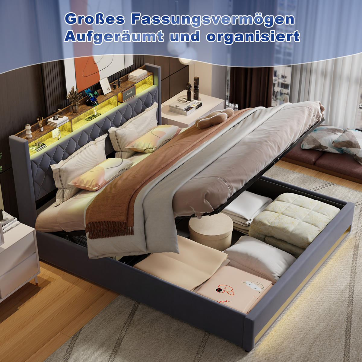 POLSTERBETT aus Samt 180x200 cm Grau mit Stauraum-Kopfteil und LED-Lichtleiste - Grau, Textil (180/200cm) - Modfu