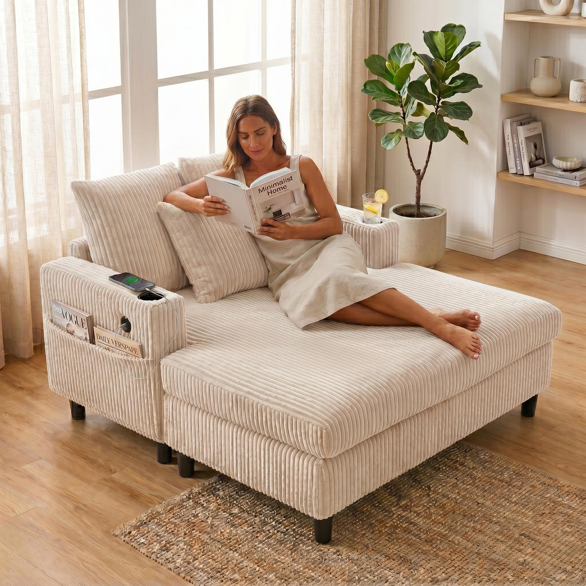 RELAXLIEGE XXL Polsterliege,Relaxsessel,3 Zierkissen,Cord,Beige - Beige, Textil (128/85/142cm) - LVHOM