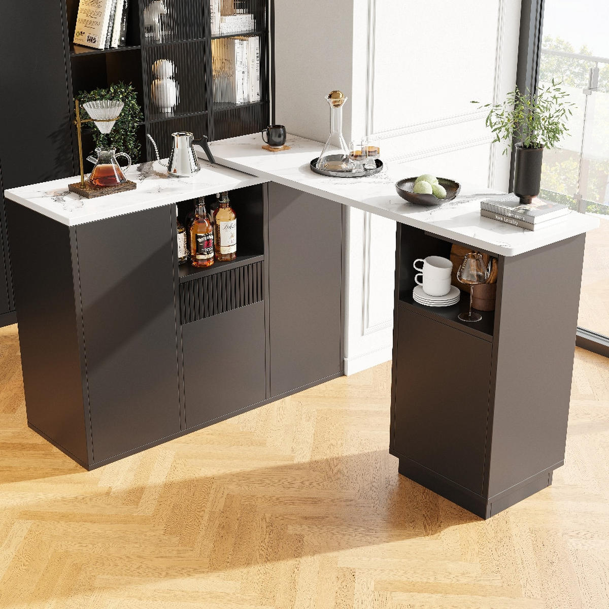 KÜCHENINSEL BARTISCH DREHBAR mit Stauraum Schwarz Marmor-Optik 210/30/100,9 cm - Schwarz, Kunststoff (30/100.9/210cm) - Rolipo