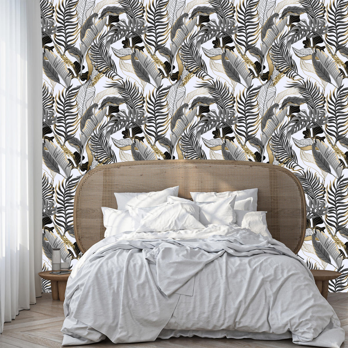VLIESTAPETE Tropische Blätter – Schwarz, Goldfarben, Weiß – 50x1000 cm - Goldfarben/Schwarz, Papier (50/1000cm) - Muralo