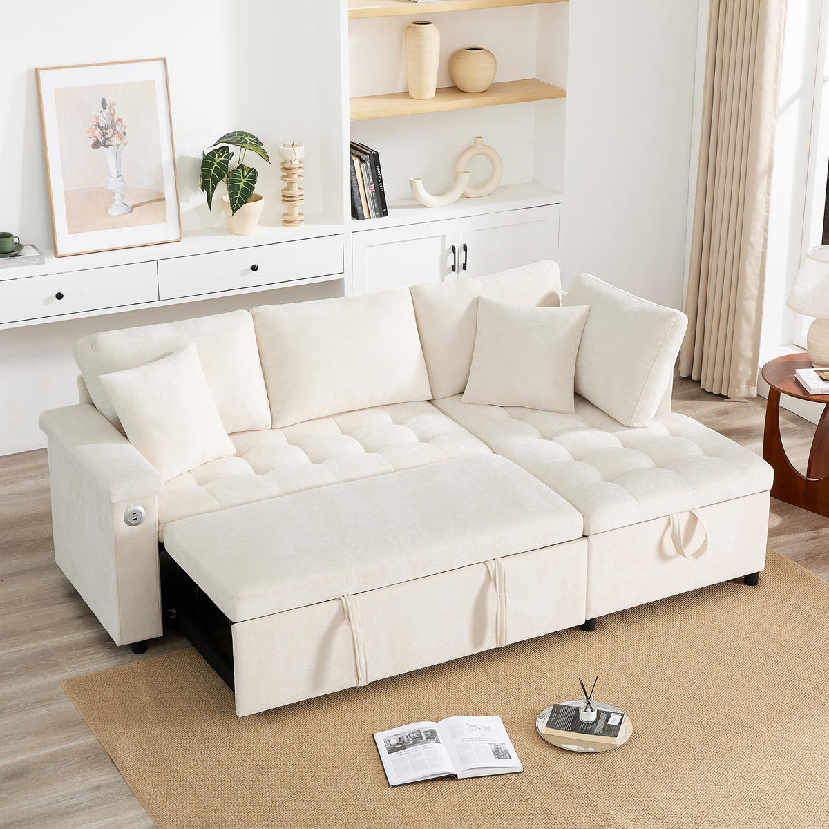 ECKSOFA rechts mit Schlaffunktion, Chenille & Stauraum, 209/130/84 cm, Beige - Beige, Textil (130/209cm) - Redom
