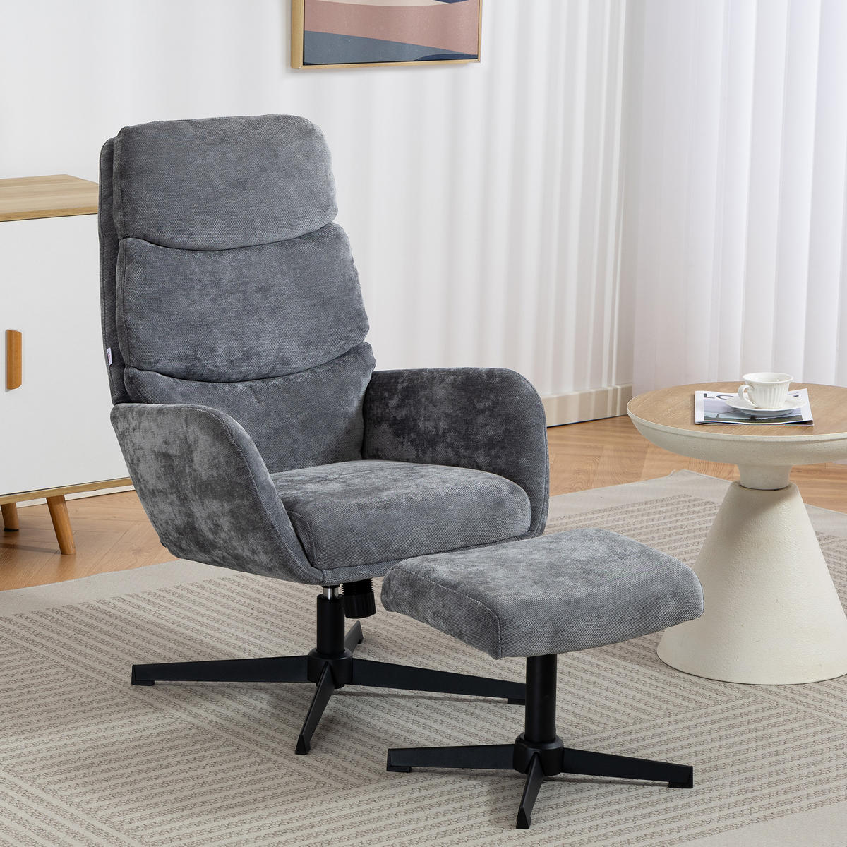 RELAXSESSEL mit Hocker, Fernsehsessel mit hoher Rückenlehne Wippfunktion Grau - Schwarz/Grau, Textil/Metall (66/99/75cm) - HOMCOM