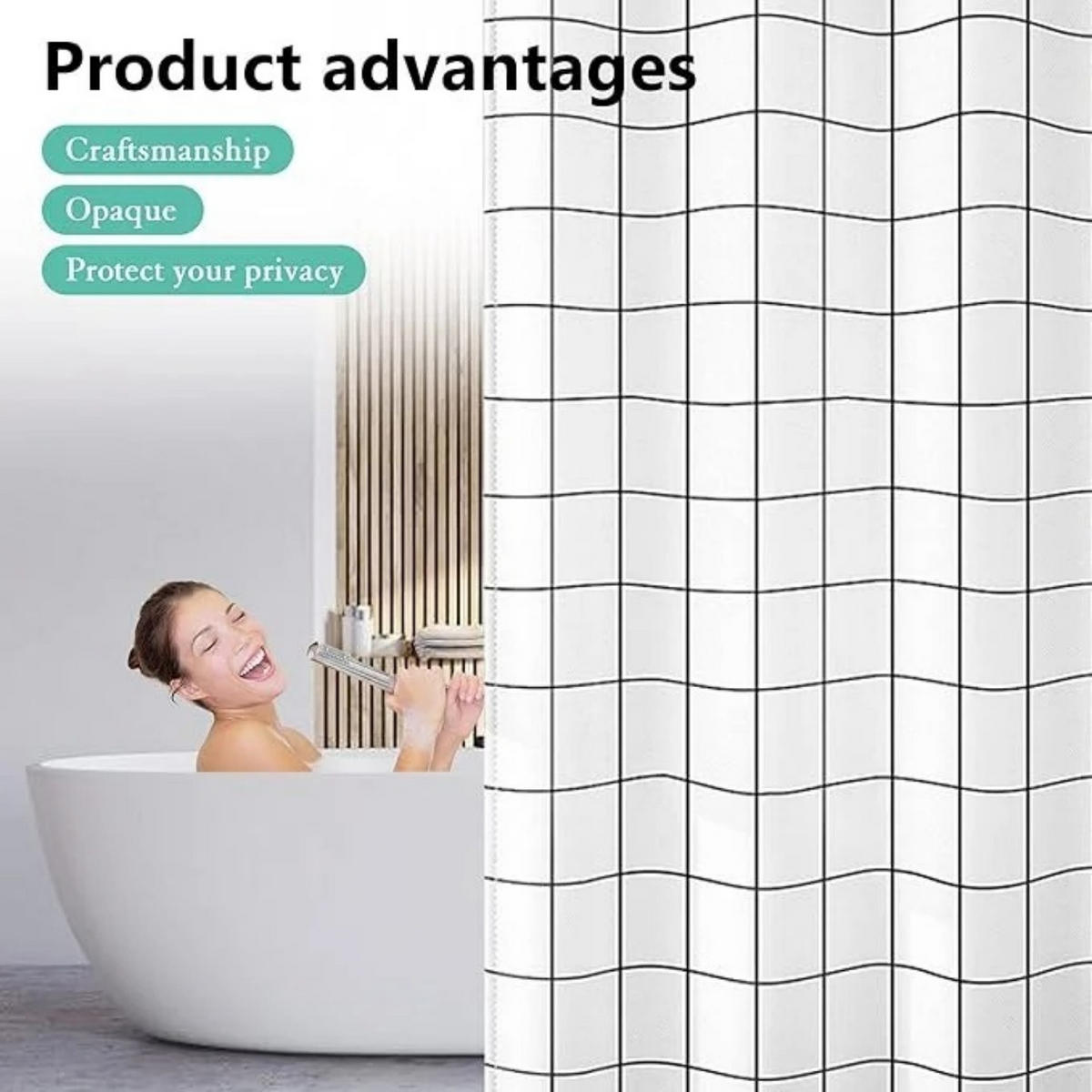 DUSCHVORHANG Polyester 180 x 200 cm schnelltrocknend beschwerter Saum waschbar mit Haken - Weiß, Kunststoff (200/180cm) - MCBOSON
