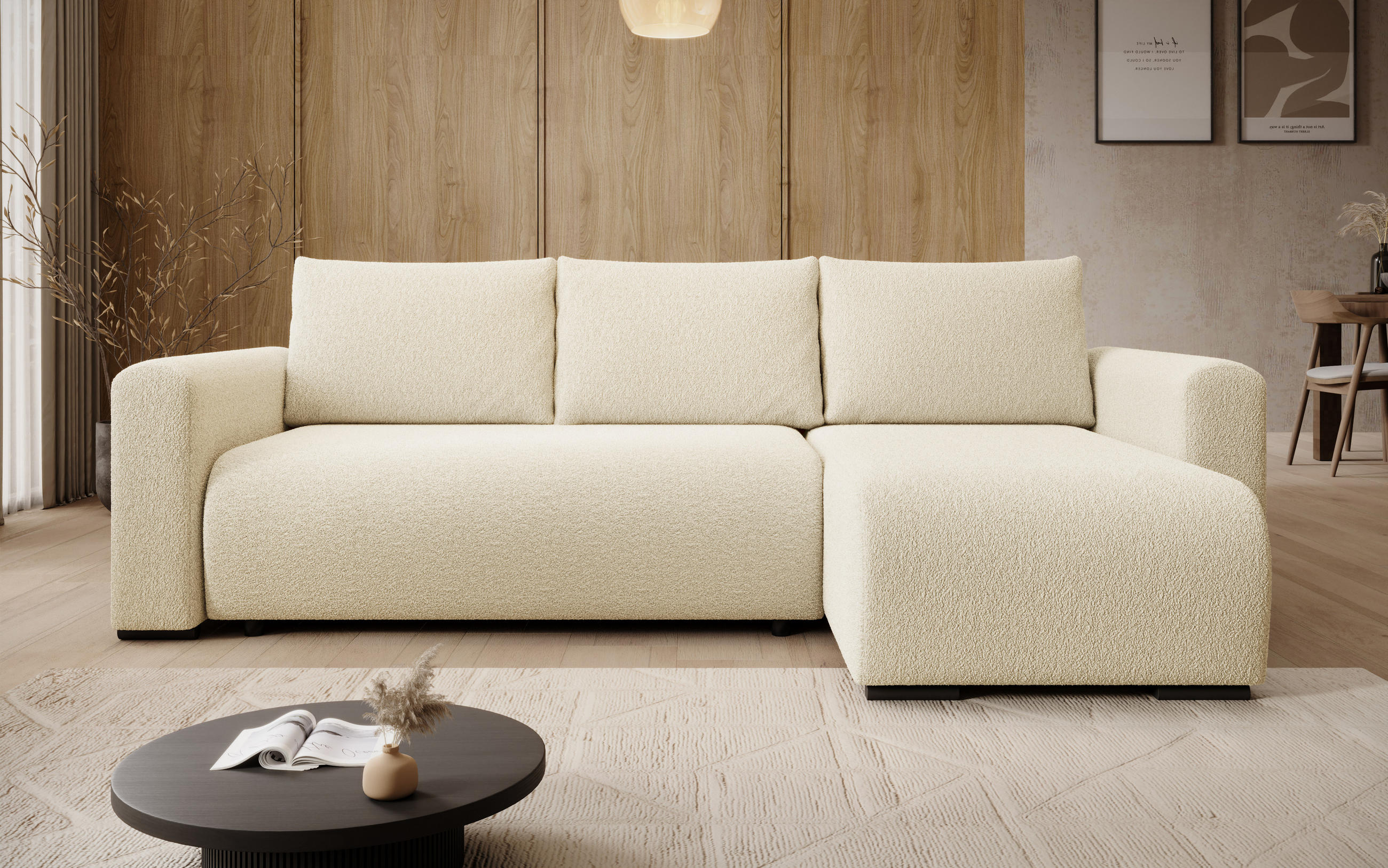ECKSOFA DORA L, Eckcouch in L-Form mit Schlaffunktion und Bettkasten, Farbe: Beige, Bouclé-Stoff, Ottomane Rechts - Beige, Textil (240/143cm) - Storez24