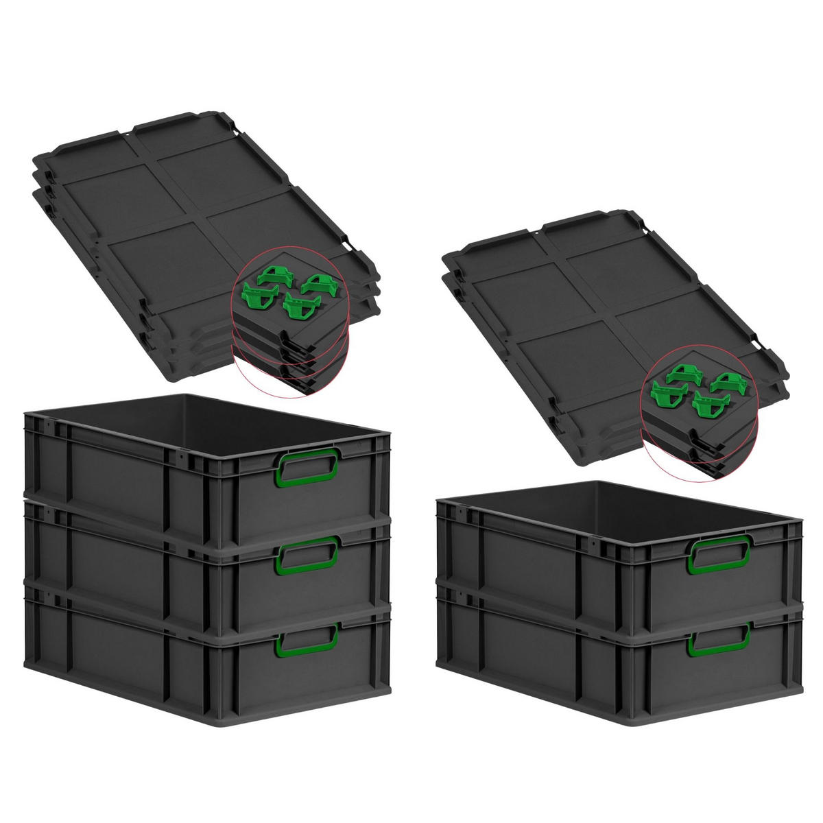 EUROBOX 5x NextGen Color mit Auflagedeckel 17x40x60 cm 34 Liter Schwarz Griffe grün zu - Schwarz/Grün, Kunststoff (40/17/60cm) - PROREGAL
