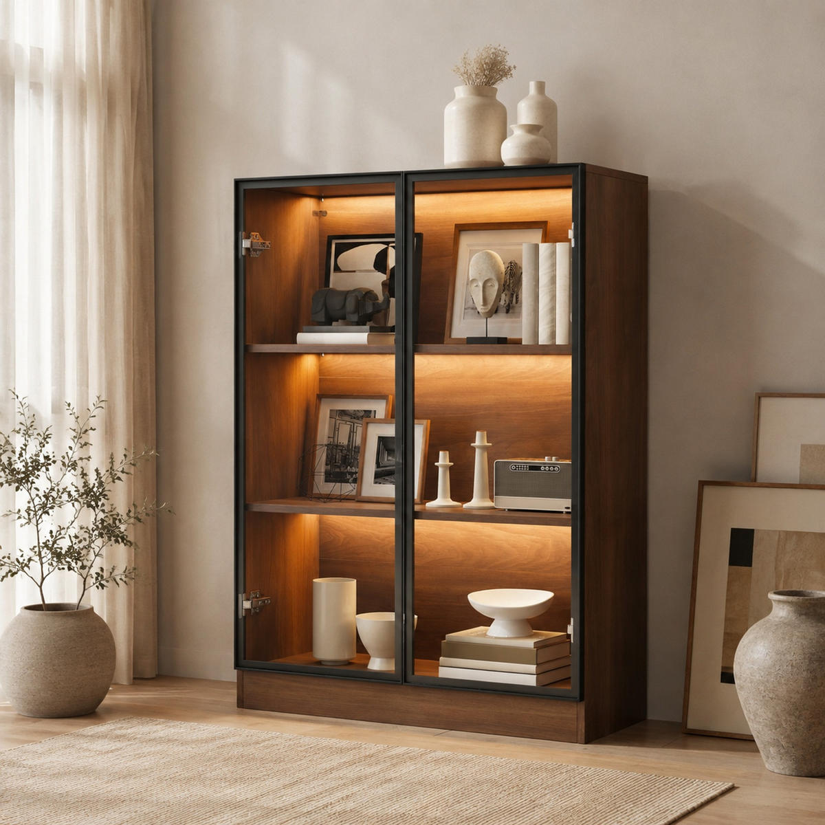 GLASVITRINE in Naturwalnuss 80x32x106 cm mit LED-Beleuchtung und 3 Ebenen - Naturfarben, Holzwerkstoff (32/106/80cm) - IVMEU