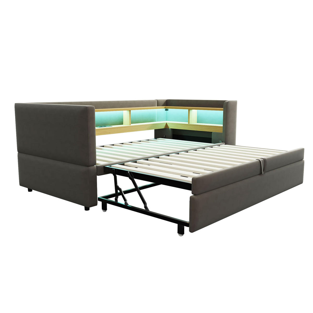 AUSZIEHBETT 90/180/190 cm DE-01990, in Dunkelgrau, mit LED, Steckdosen und Staufächern - Dunkelgrau, Metall (90/190cm) - ComfortXL